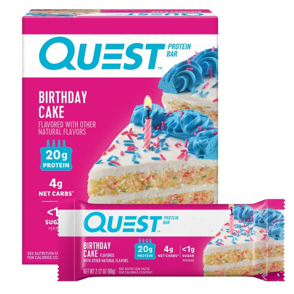 Quest Nutrition Anniversaire Cake Protein Bars, 20g de protéines, 4g de glucides nets, 1g de sucre, sans gluten, Keto Friendly, 4 Compte