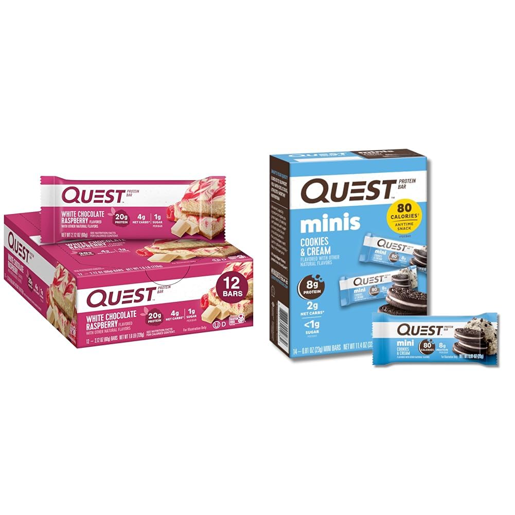 Quest Protein Bars Bundle - Chocolat blanc framboise 12 Compte et cookies 'N crème Mini 14 Compte