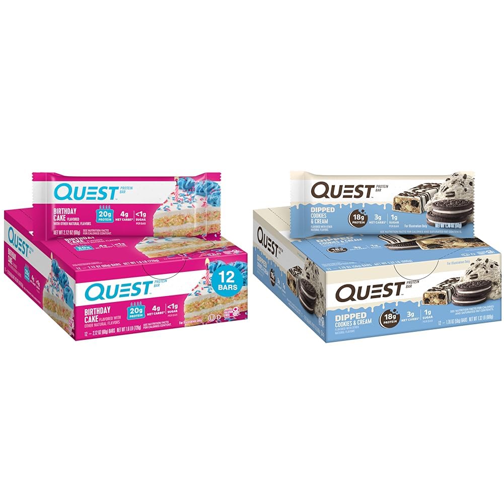 Quest Birthday Cake & Cookies & Cream Dipped Protein Bars, haute protéine, sans gluten, Keto Friendly, 12 Comptez chaque