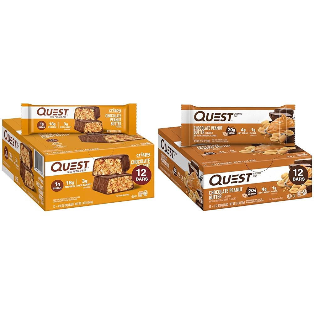 Quest Nutrition Beurre d'arachides au chocolat croustillant Barre de protéines Hero, 18g Barres de beurre d'arachides aux protéines et au chocolat, haute protéine, faible teneur en glucides, sans gluten, ami du kéto, 12 Compte