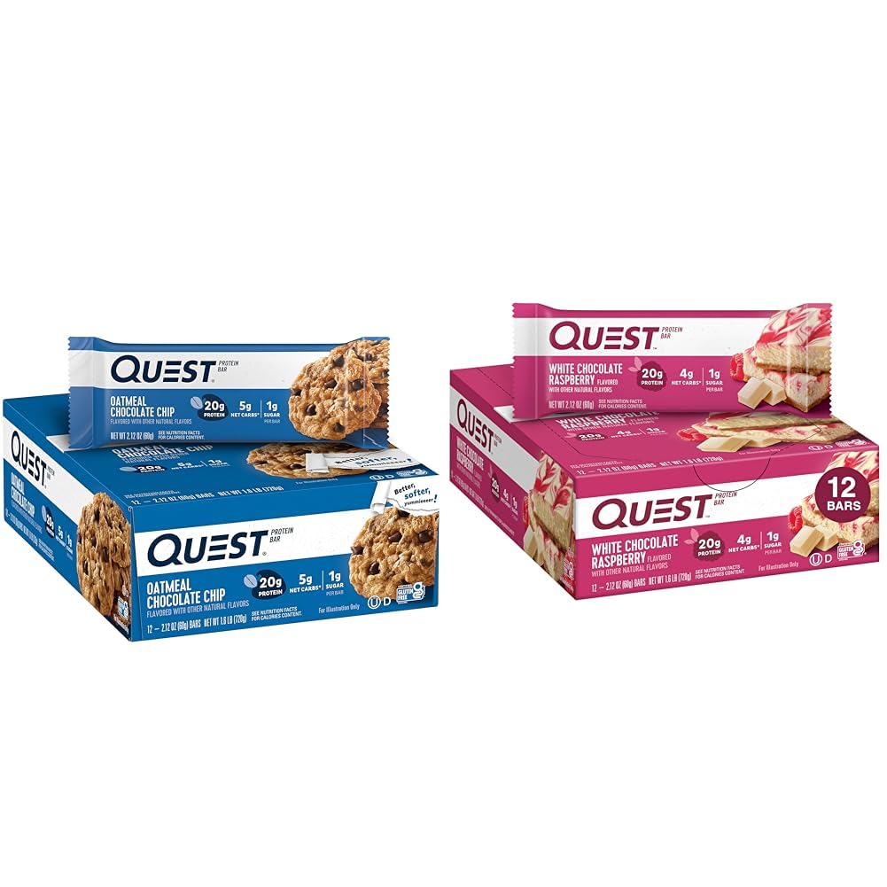 Quest Nutrition Barre protéinée au chocolat à l'avoine, haute teneur en protéines, faible teneur en glucides, sans gluten et blanc barres protéinées aux framboises, haute teneur en protéines, faible teneur en glucides, sans gluten