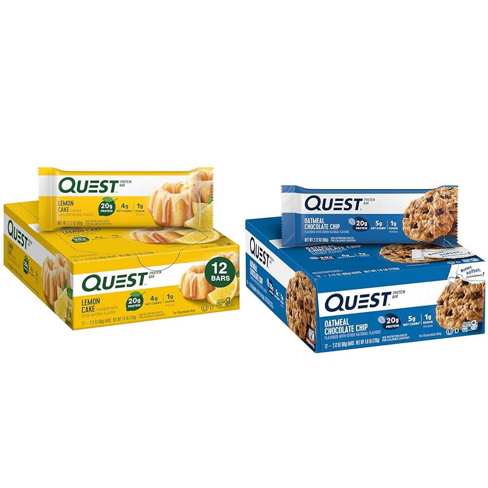 Quest Lemon Cake (12 Count) and Oatmeal Chocolate Chip (12 Count) High Protein Gluten Free Bars