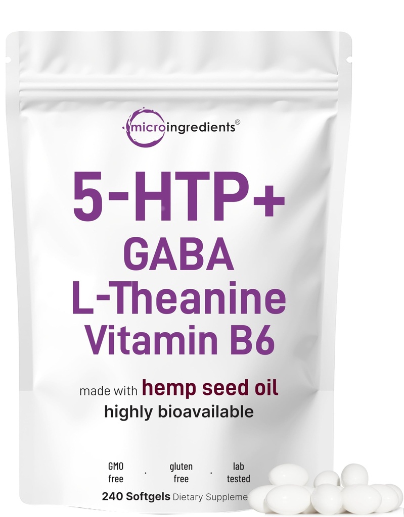 Micro-ingrédients 5-HTP 200mg, 240 Softgels.Complexe 5-Hydroxytryptophane extra-résistant avec GABA, L-Theanine, Vitamine B6.