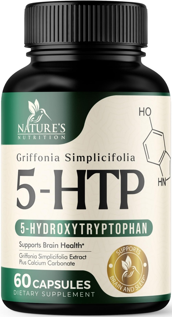 5 Capsules d'hydroxytryptophane - 180mg par portion de 5 HTP Supplément Plus Calcium pour la santé du cerveau et le soutien du sommeil, Griffonia Simplicifolia Extra Strength Formule 5-HTP, 5HTP, États-Unis En bouteille - 60 Capsules