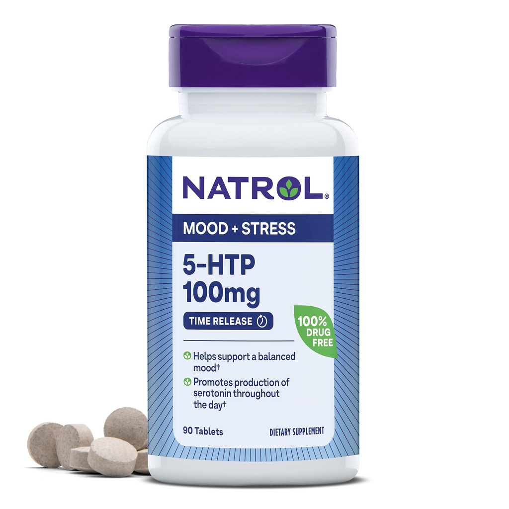 Natrol 5-HTP 100mg, supplément alimentaire aide à soutenir un complément équilibré d'humeur, d'humeur et de stress, 90 comprimés de libération de temps, 45-90 jours d'approvisionnement