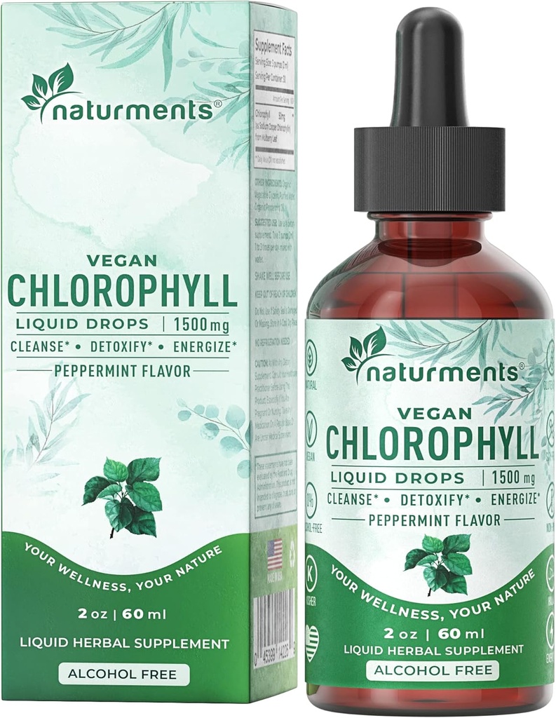Naturations Chlorophylle Liquid Drops: - Déodorant naturel, Immune Support, Energy Boost - Clorofila Concentrate avec huile de menthe poivrée biologique - 30 portions, 60 ml