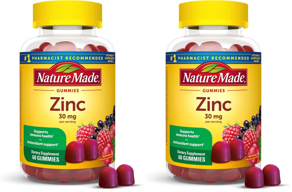 Nature faite Zinc suppléments 30 mg par portion, supplément alimentaire pour la santé immunitaire et le soutien antioxydant, 60 Zinc Gummies, 30 jours d'approvisionnement, (paquet de 2)