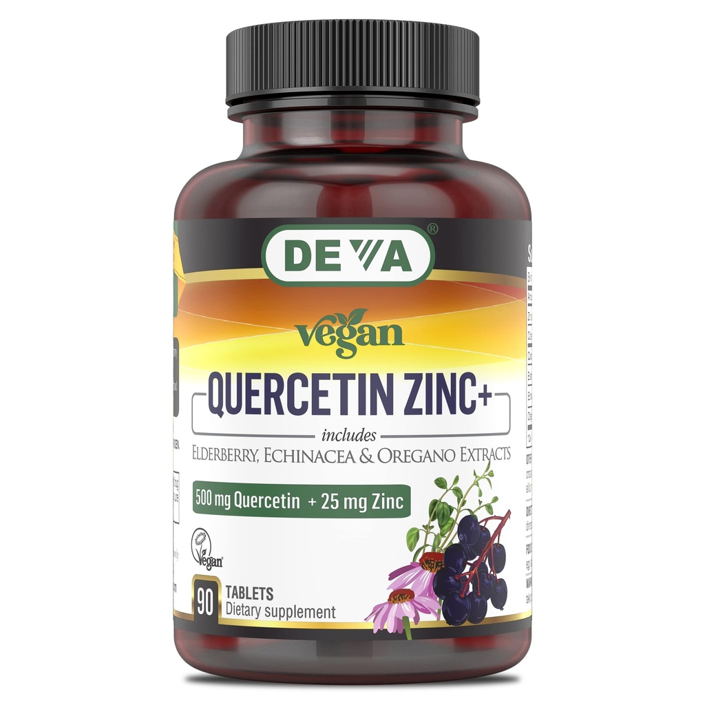 DEVA Vegan Quercetin 500mg Plus 25mg Zinc avec des extraits de mûre, d'échinacée et d'origan - Aucun ingrédient animal - 90 comprimés, 1-emballage