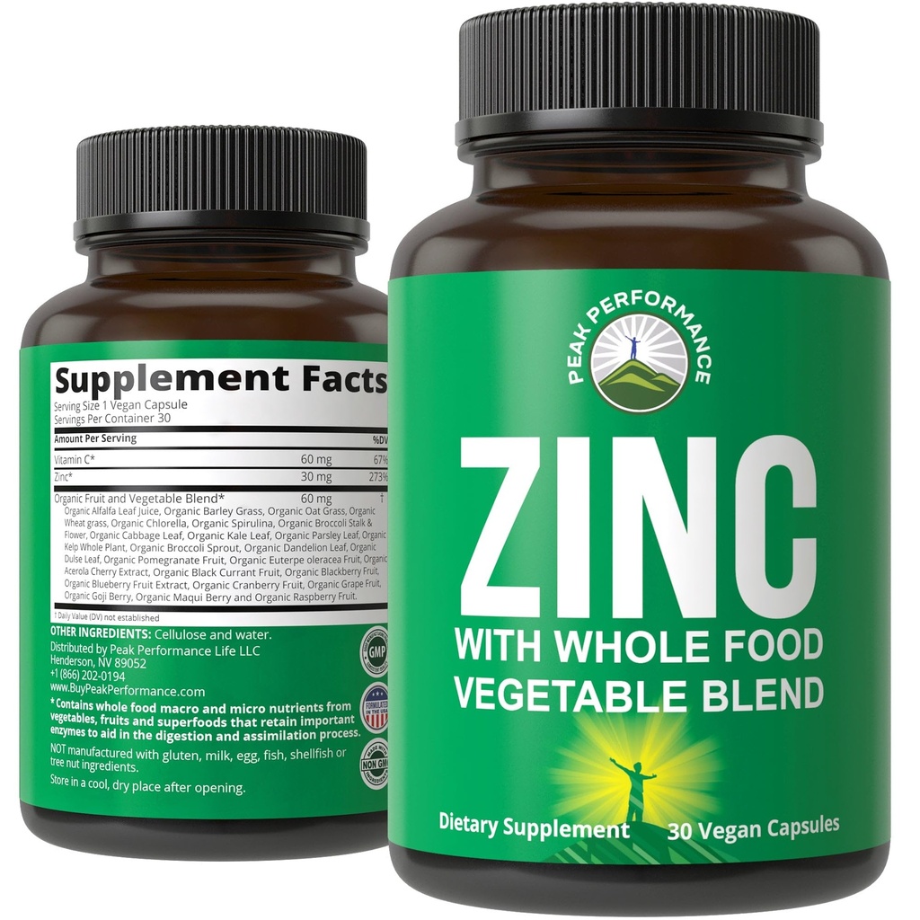 Supplément de zinc végétalien avec vitamine C + mélange alimentaire entier de 25 légumes et fruits pour l'absorption maximale. Suppléments de zinc 30mg Capsules, pilules, comprimés, vitamines pour adultes hommes et femmes
