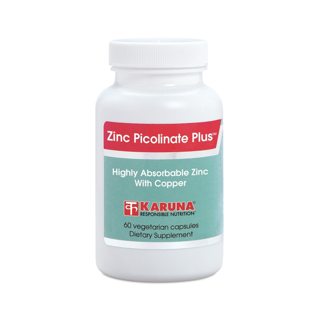 Karuna Zinc Picolinate Plus 60 Capsules Végétariennes, 25 MG Plus 2,5 MG Cuivre pour BALACED Utilisation à long terme.