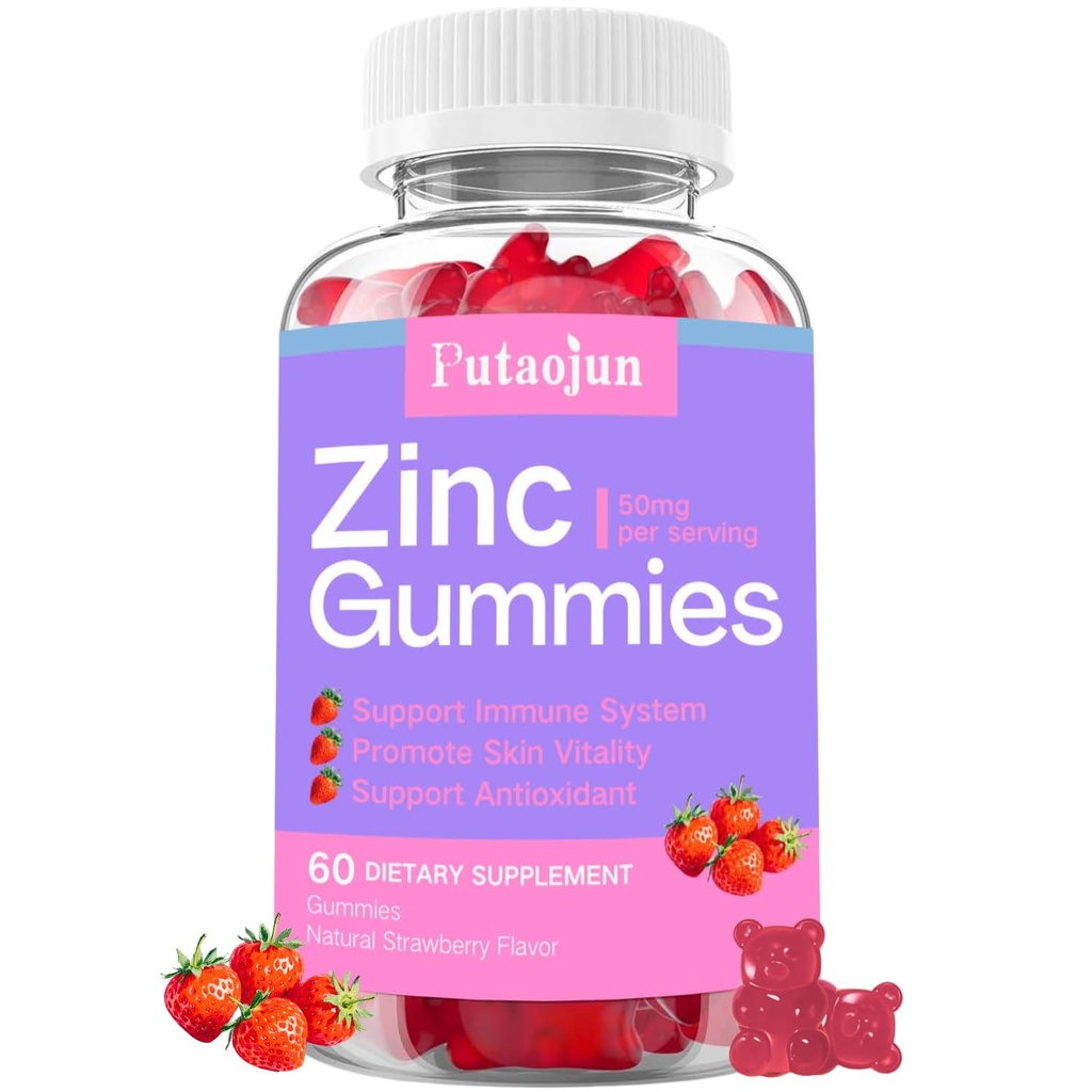 Gommies de zinc pour enfants et adultes - Soutien immunitaire, supplément de vitamine C et de zinc à haute absorption, saveur de fraise naturelle, sans sucre, végétalien - 60 comte