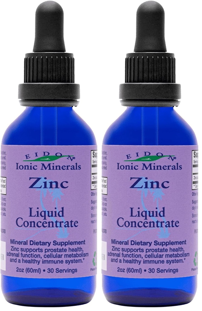 Eidon Ionic Minerals Liquid Zinc Concentrate - Ionic Zinc Supplément gouttes pour les adultes et les enfants, soutenir le système immunitaire, les cheveux et la peau, le foie et le rein santé, soulager le stress - 2 oz (paquet de 2)