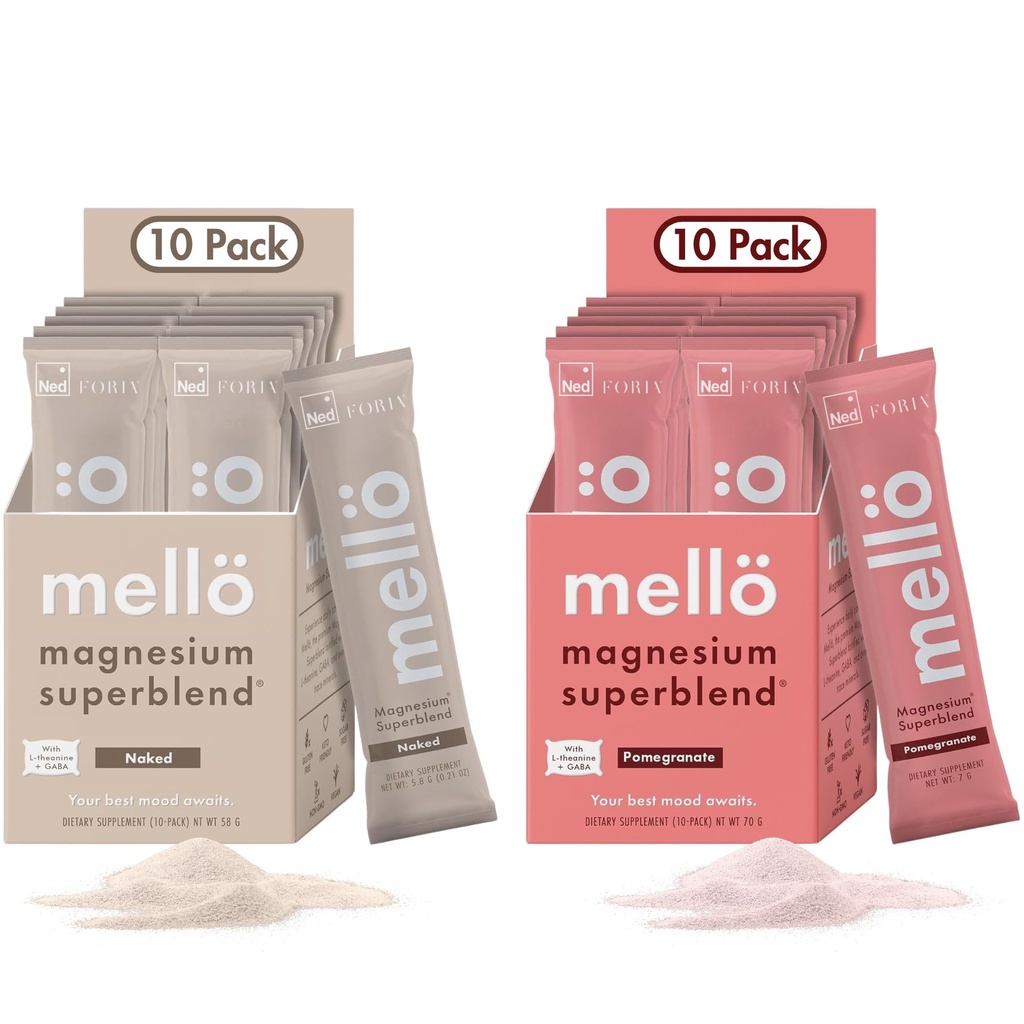 mellö Magnésium Superbe ensemble - grenade et non aromatisé - Magnésium Glycinat avec L-Theanine, GABA & Trace Minerals - Supporte le sommeil, la relaxation et l'énergie équilibrée - 2 x 10-Packs