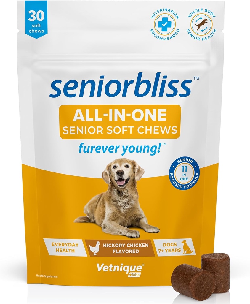 Vetnique Seniorbliss Senior Dog Multivitamine avec de la glucosamine, de l'huile de poisson Omega 3 et des probiotiques - pour les articulations de chiens, le soutien digestif et immunitaire pour la santé optimale (Vitamine quotidienne tout-en-un, 30 Ct)