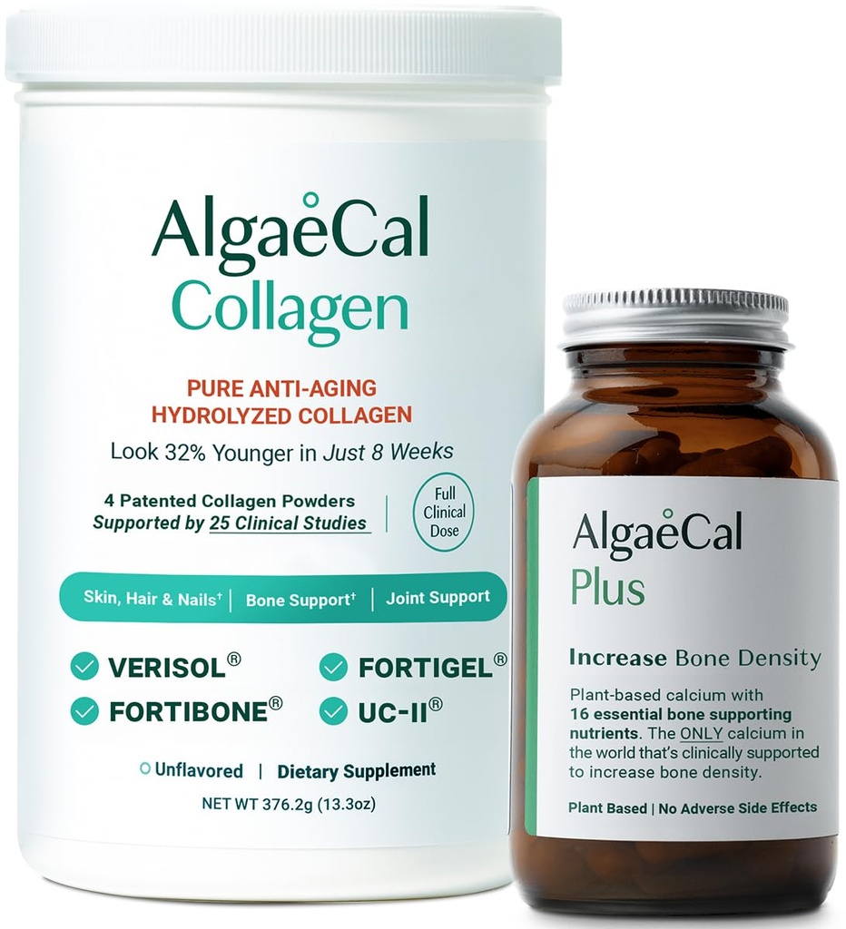 ALGAECAL Calcium et collagène – Collagène hydrolysé complet avec Vérisol, Fortibone et Fortigel cliniquement soutenu, plus vitamine D3, K2, magnésium et minéraux traces pour la santé osseuse et anti-âge