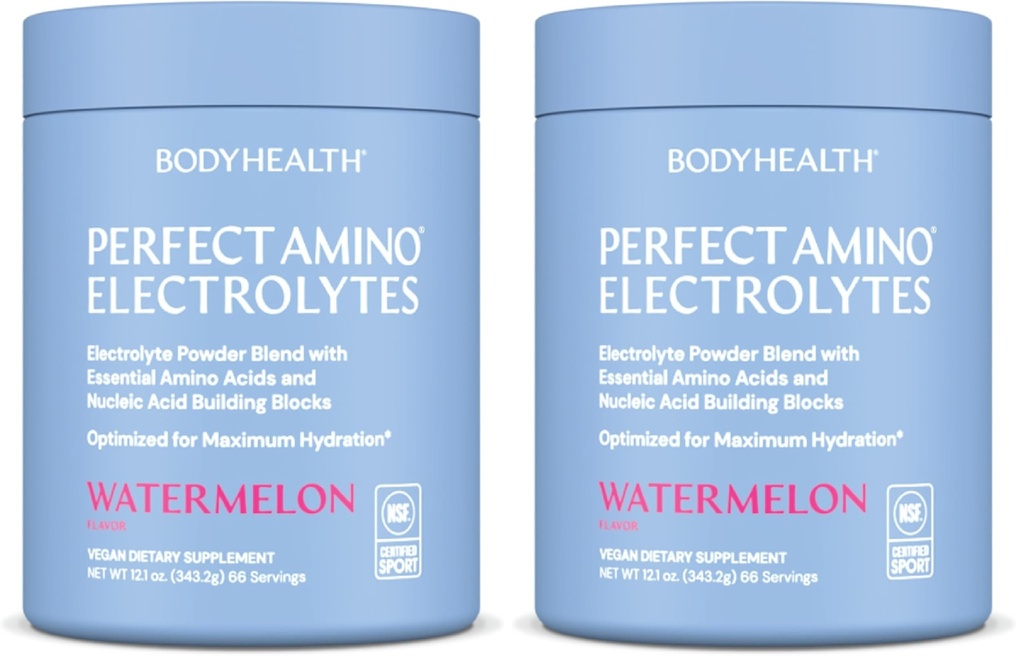 BodyHealth PerfectAmino Electrolytes Poudre Sans Sucre, Hydratation A jeun Keto Zéro Sucre Electrolytes Boisson Mélange avec Trace Minerals - NSF Certifié pour le Sport - Pastèque - 66 portions (Pack de 2)
