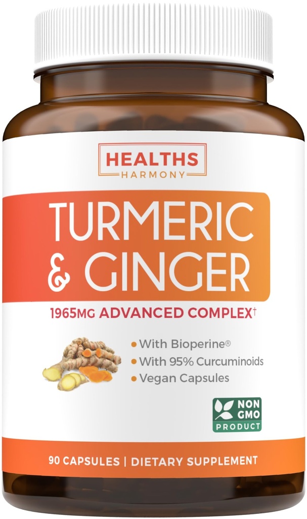 Supplément curcuma et gingembre (non-OGM) 1980mg Servition - Curcuma curcuma curcuma avec biopérine de poivre noir, extrait de gingembre et 95 % de poudre de curcuminoides - Supplément de soutien à l'articulation tumérique - 90 capsules