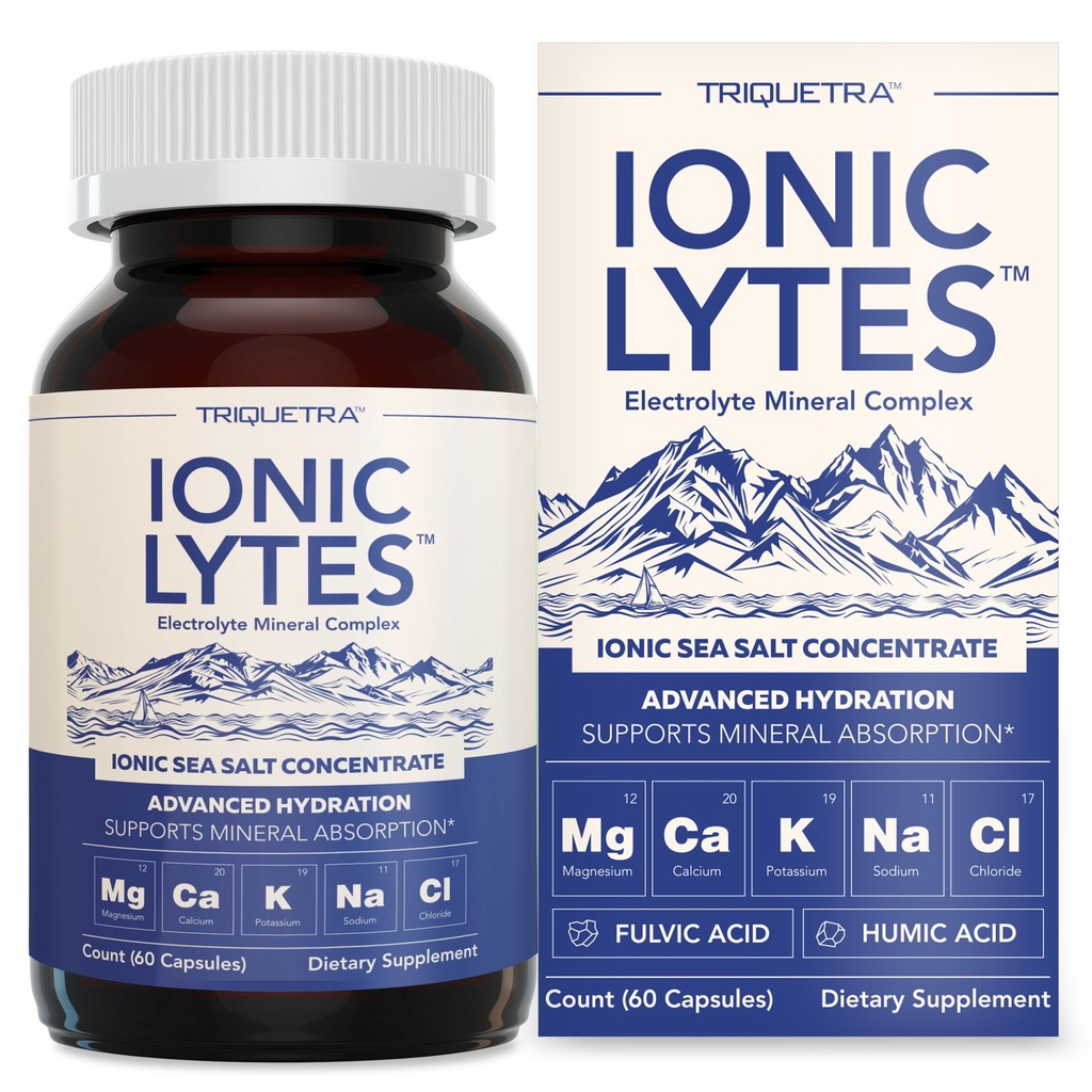 Complexe minéral Ionic LytesTM Electrolyte avec sel de mer ionique, acide fulvic et humique - soutient l'hydratation, l'électrolyte et l'équilibre minéral et la fonction musculaire (60 capsules) - sans soja, sans gluten, cGMP