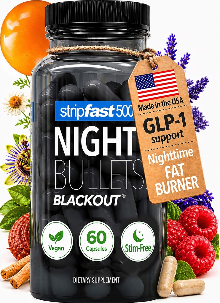 Bullets de nuit Pilules de perte de poids pour les femmes et les hommes, Stim-Free Nighttime Fat Burner, GLP-1 Support, Suppresseur de l'appétit, pilules de régime avec Ashwagandha & CLA, 60 Capsules