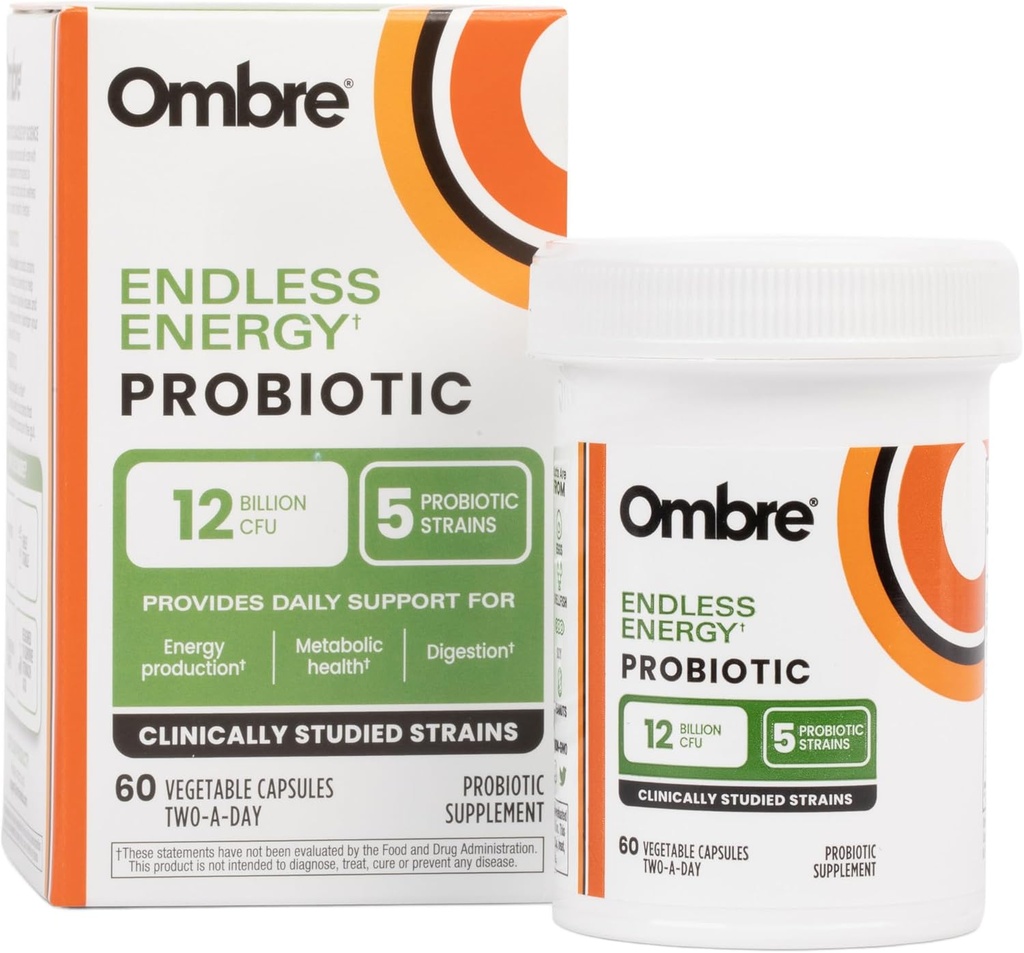 Ombre Endless Energy Probiotic Supplement, soutient la production d'énergie naturelle, mémoire, focus et santé de Gut, 12 milliards CFU, plateau-stable, 30 portions