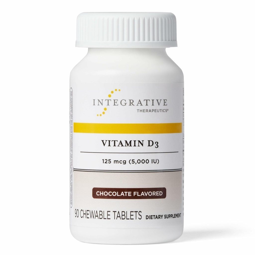 Thérapeutique intégrative Vitamine D3 125 mcg - Supplément de vitamine D pour la santé des os et le soutien immunitaire* - Sans gluten et sans lait - Saveur de chocolat, 90 comprimés à croquer (90 portions)
