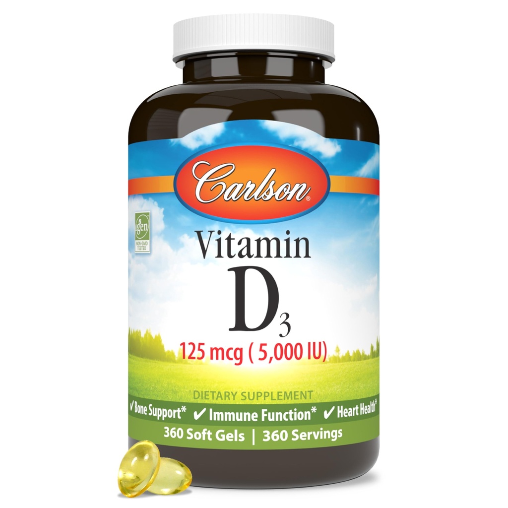 Carlson - Vitamine D3 5000 UI (125 mcg), Santé des os, Santé des muscles, Cholecalciferol, Suppléments de vitamine D, Gels souples de vitamine D3, 360 Softgels