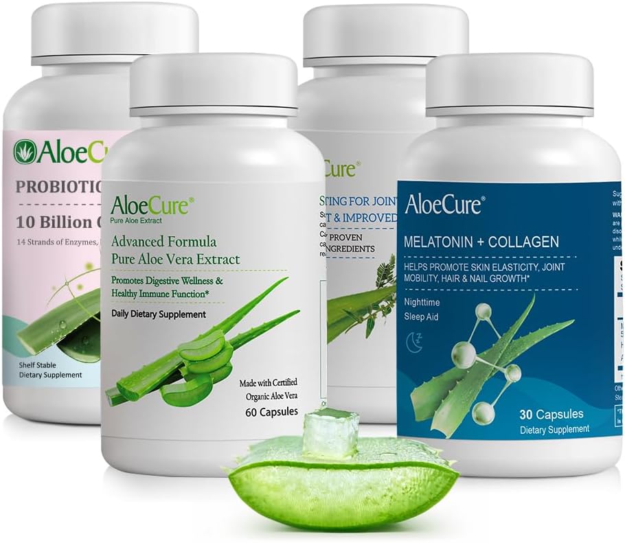 AloeCure Organic Aloe Vera Capsules Pack - 4 Pièces - Melatonine + Collagène, VeraFlex, Aloe Vera Capsules, Probiotique + Enzyme