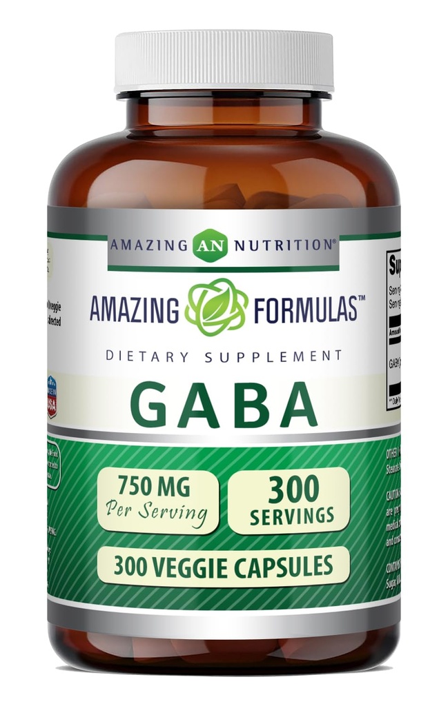 Amazing Formulas GABA 750mg Per Serving Veggie Capsules Supplement | Non-GMO | Gluten Free | Made in USA | Ideal for Vegetarians (300 Count)