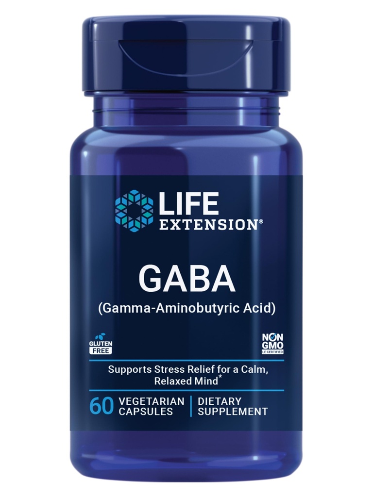 Extension de vie GABA, support de stress, supplément GABA, support d'humeur, sommeil, relaxation, sans gluten, non-OGM, végétarien, 60 capsules
