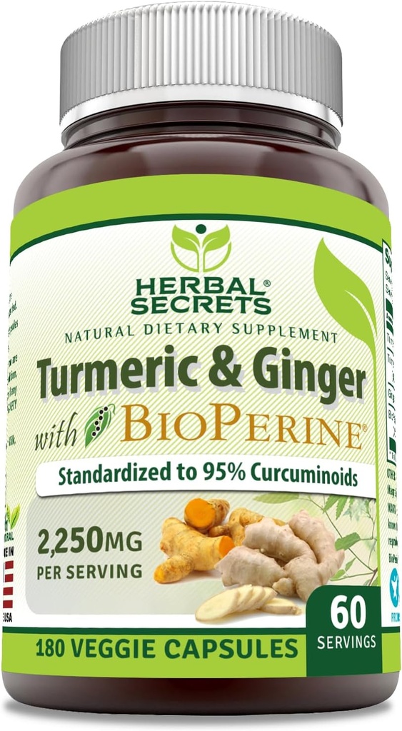 Secrets à base de plantes Curcumine et gingembre curmérique avec supplément BioPerine $ 2,250 Mg par portion $ 180 Capsules $ Non-GMO $ Sans gluten $ Fabriqué aux États-Unis
