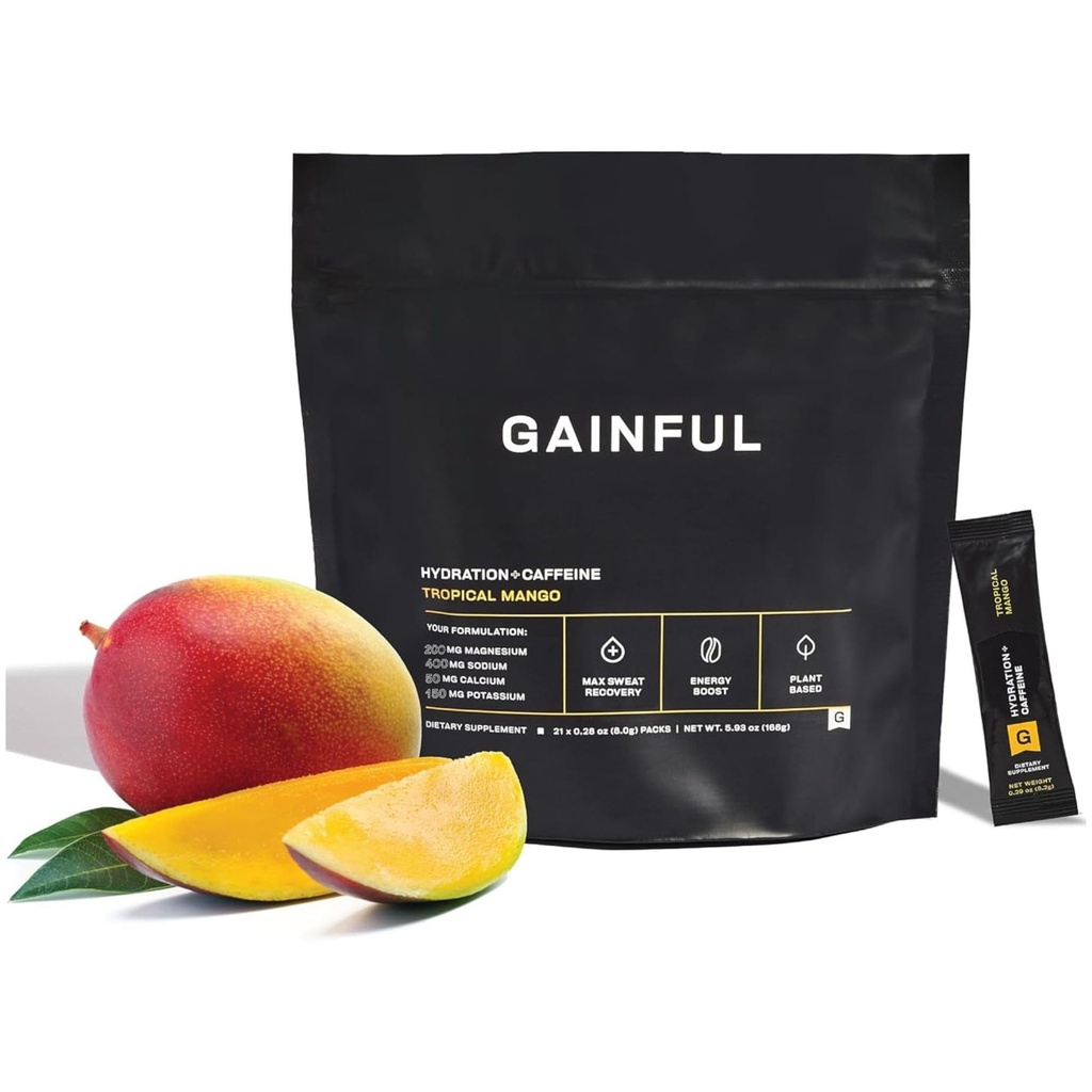 Hydratation gainante + Paquets en poudre de caféine avec électrolytes clés Magnésium et sodium + L Theanine, mélange à faible teneur en sucre, mangue tropicale, 21 bâtonnets