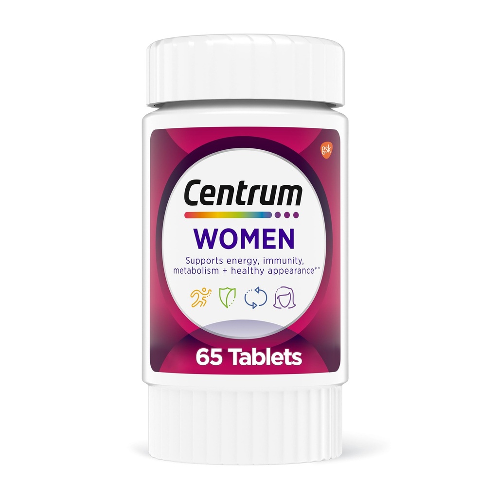 Multivitamine centrum pour femmes, supplément multivitamine/multiminérale avec fer, vitamine D3, vitamine B et vitamines antioxydantes C et E, sans gluten, ingrédients non OGM - 65 Nombre