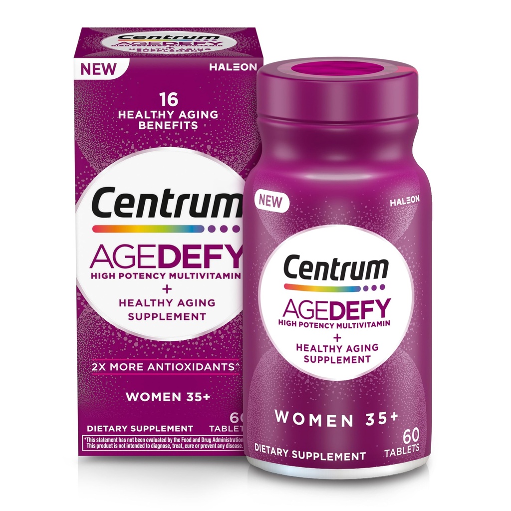 Défi de l'âge du centrum pour les femmes de 35 ans et plus - Multivitamine à haut potentiel et supplément au vieillissement en santé – Multivitamine avec resvératrol et Niacine pour le soutien de niveau NAD+ - Bouteille en aluminium, 60 comprimés
