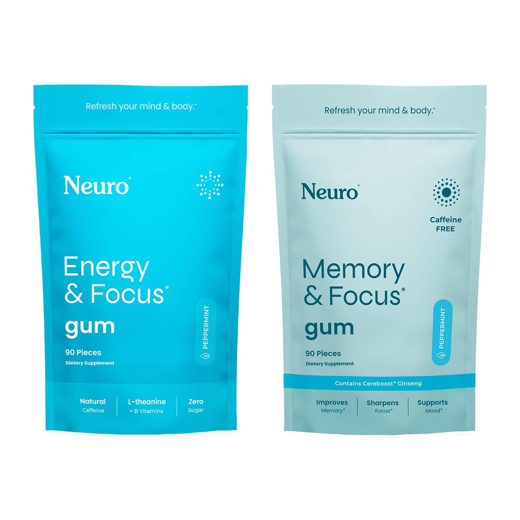 Neuro Focus Set – 90 Comptez chacun (Peppermint) – Sans sucre Nootropic Chewing Gums avec de la caféine naturelle, L-Theanine, B-Vitamines & Ginseng pour l'énergie, l'alerte et la clarté
