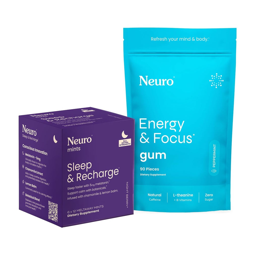Neuro Energy & Sleep Bundle – Energy & Focus Gum (Peppermint, 90 Count) + Melatonin 5mg Sleep & Recharge Menthes (Night Berry, 72 pièces) – Daytime Focus & Nighttime Repos Support