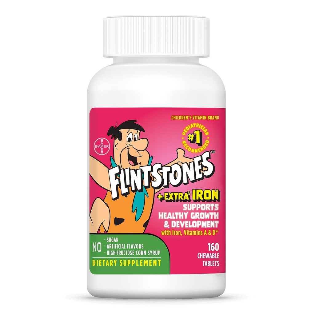Flitstones Vitamines Chewable Kids Multivitamine avec + de fer supplémentaire pour les tout-petits et les enfants avec vitamine C, D, vitamine B12, 160 Compte (Packaging Will Vary)