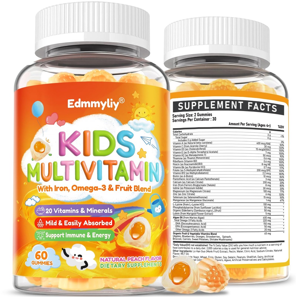 Gommies multivitamines pour enfants - Vitamines A D3 K2, complexe B méthylé avec Omega-3, fer pour l'Immune et soutien au développement - Multivitamines de saveur biologique mixte pour enfants - Sans sucre et végétalien