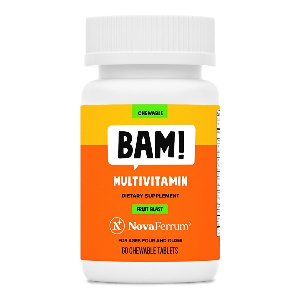 NovaFerrum BAM Multivitamines à croquer pour les enfants et les adultes âgés de 4 ans et plus - Flacon de fruit - 60 comprimés à croquer - avec des vitamines A, C, D, E, B6, B12, Biotine, Zinc, Sélénium et Manganèse