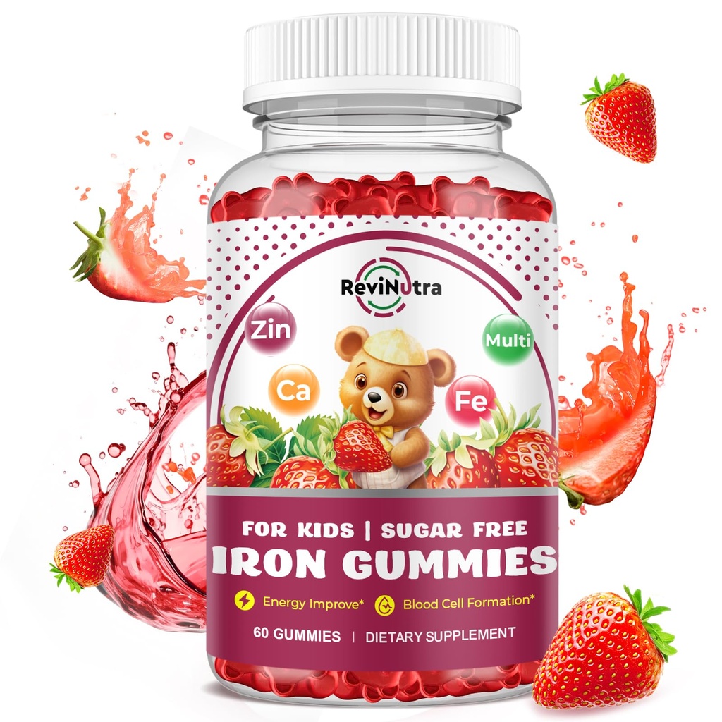 Supplément de fer Gummies pour enfants - avec Calcium, Zinc, Multivitamine pour enfants avec Gummies de fer - Immune Support, Blood Builder & Energy Support pour la carence en fer, Anémie, Vegan - 60 Comte