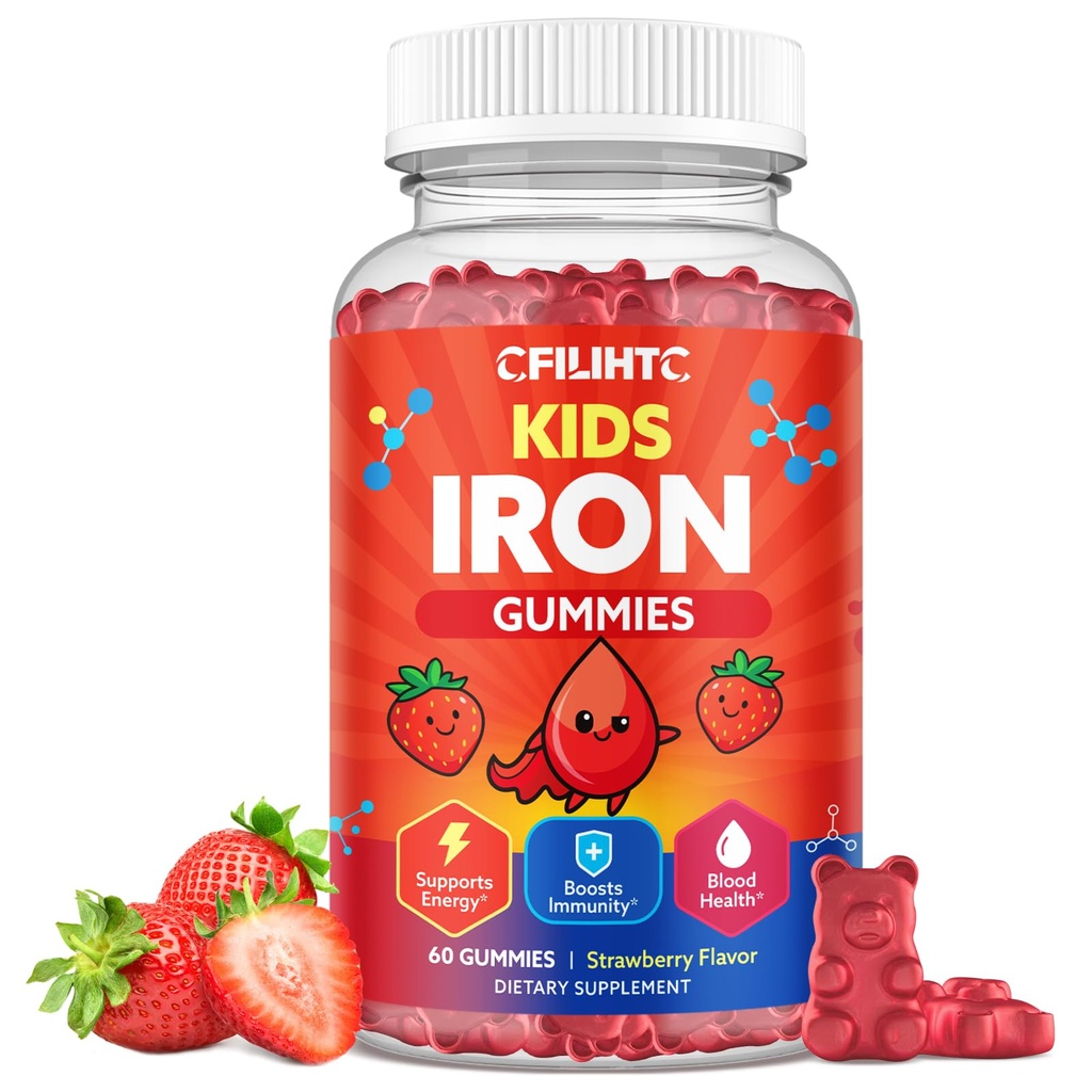 Gommies de fer pour enfants et adolescents, Multivitamine pour enfants avec supplément de fer, Calcium, Folate, Zinc, Prébiotique - pour fabricant de sang et soutien énergétique, carence en fer - végétalien et non-OGM - 60 fraises de comte