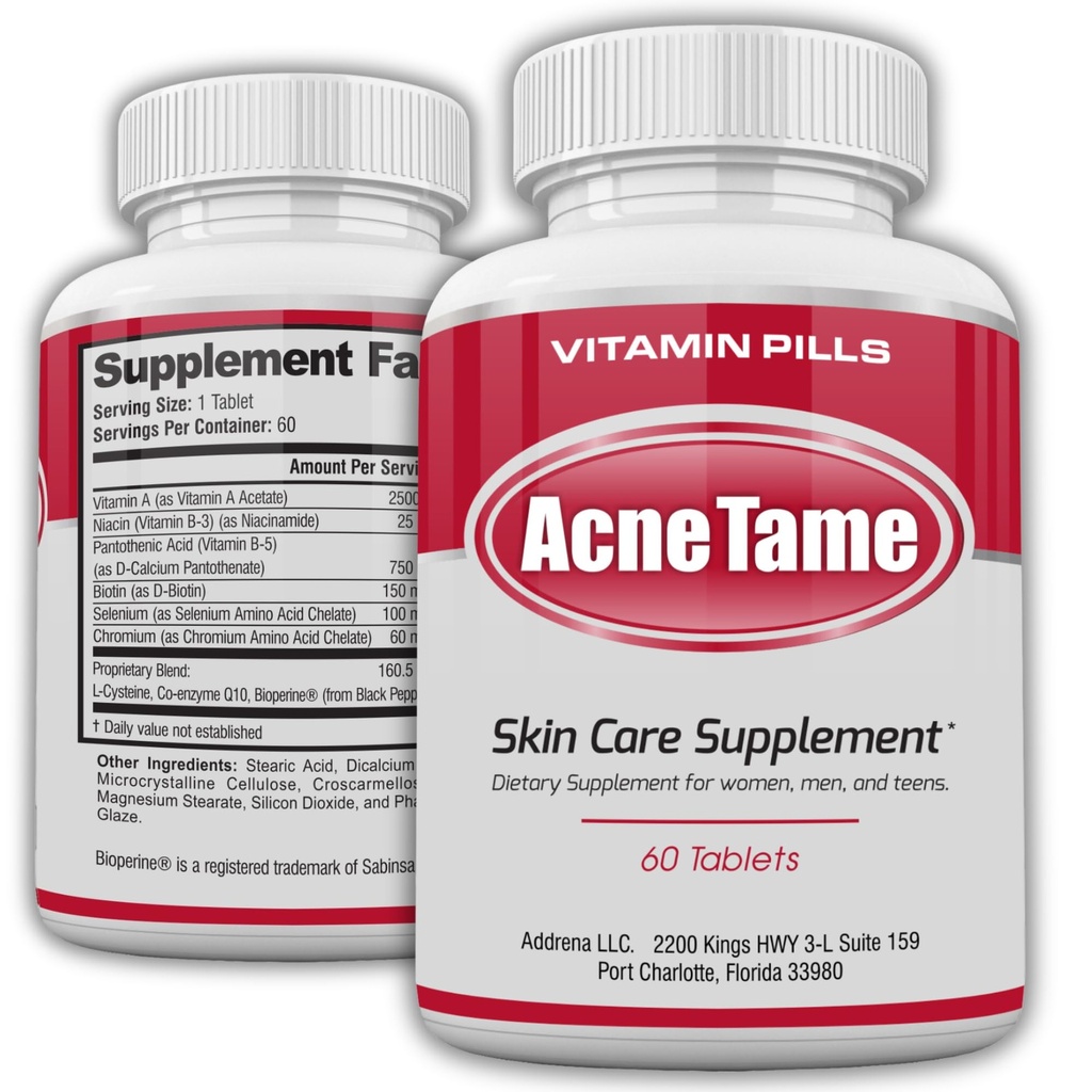 Acnetame Acne Pills- Acne Tame Supplement- Clear Skin Vitamins Pill for Oily Skin Treatment, Hormonal Blemishes, Anti Spots & Cystic Acnes Supplements for Women, Men, Teens & Adults- 60 Oral Tablets