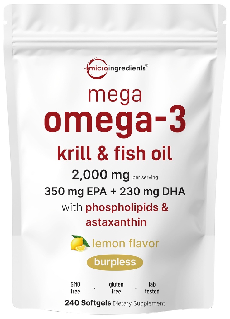 Mega Omega-3 Krill & Fish Oil 2 000mg Équivalent, 240 Softgels.