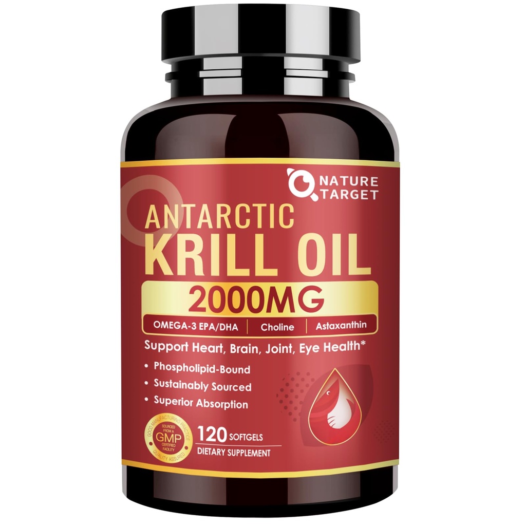 NATURE TARGET Krill Oil 2000 mg avec Omega-3 EPA & DHA avec supplément d'astaxanthine, Choline - soutient le cœur, le cerveau, rejoindre, la santé des yeux, non-OGM, sans gluten, 120 Softgels (60 portions)