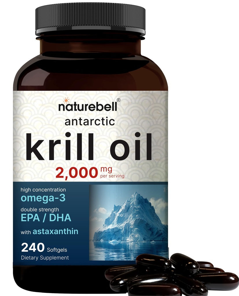 NatureBell Antarctic Krill Oil 2000mg Supplément, 240 Softgels, 3X Force Source naturelle des Oméga-3, EPA 240mg + DHA 160mg + Astaxanthin 800mcg – Aucun arrière-goût de poisson – sans mercure et sans OGM