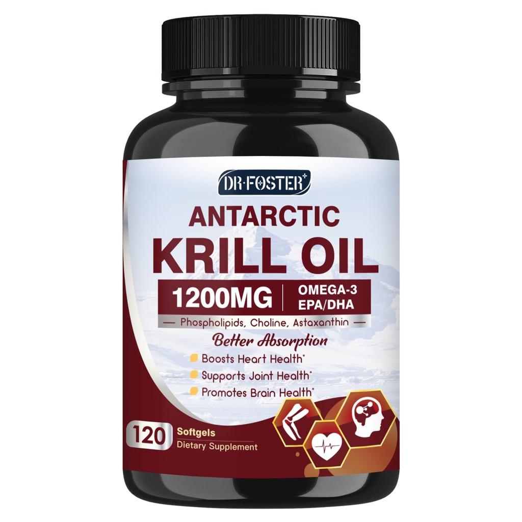 Krill Oil 1200mg, supplément Antarctique Krill Oil Omega 3 avec EPA, DHA, Astaxanthin & Phospholipides pour le cœur et le cerveau et la santé articulaire, sans arrière-goût de poisson,120 Softgels (60 portions)