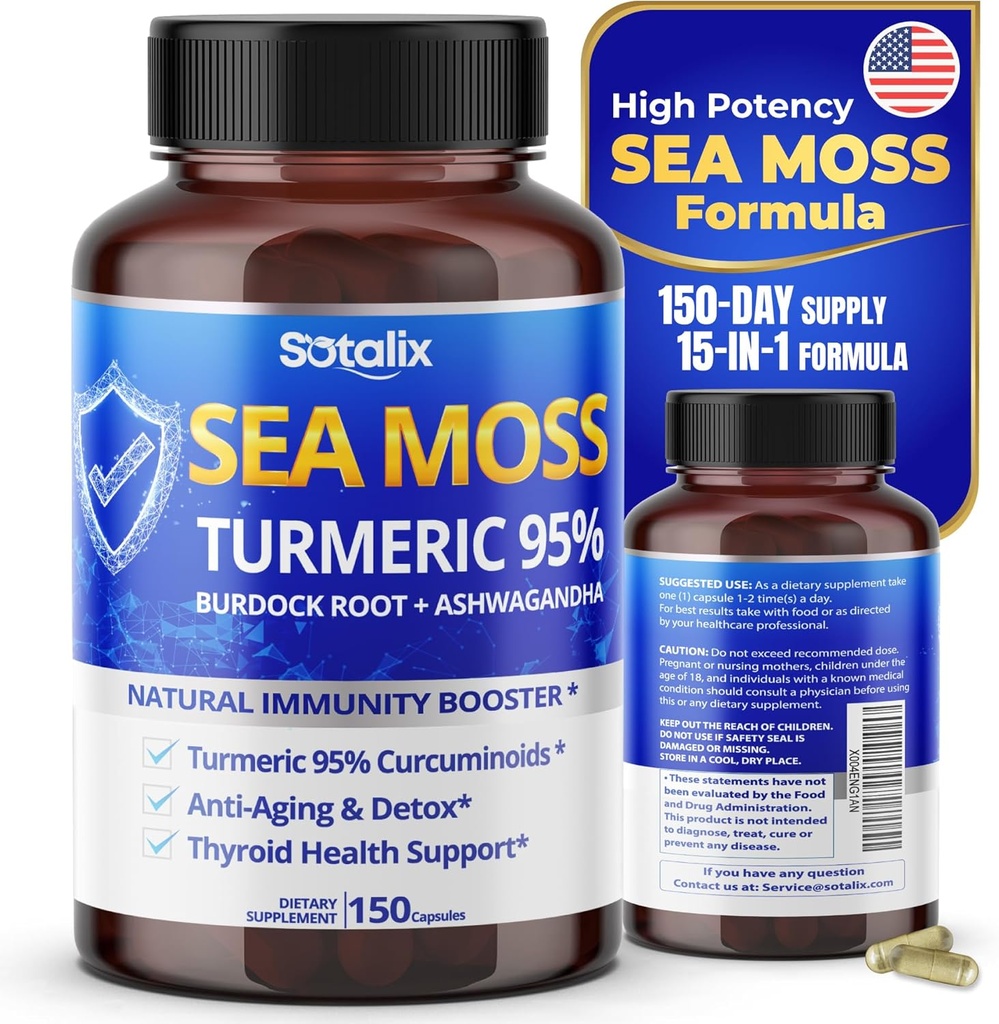 Sotalix Sea Moss Capsule avec Ashwagandha, Burdock Root, Bladderwrack, Turmeric - Powerful Natural Immunity Booster - USA Made (150 Compte (paquet de 1))
