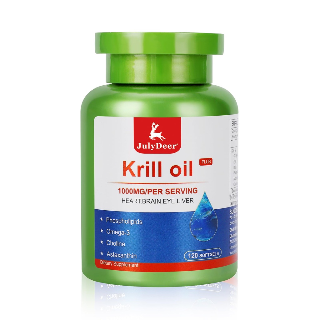 JulyDeer Krill Oil 1000 mg avec Omega-3s EPA, DHA, Astaxanthin et Phospholipides 120 Softgels Supplément, Antarctique Krill Pas d'arrière-goût de poisson pour l'articulation, le cœur, le cerveau et l'immunité