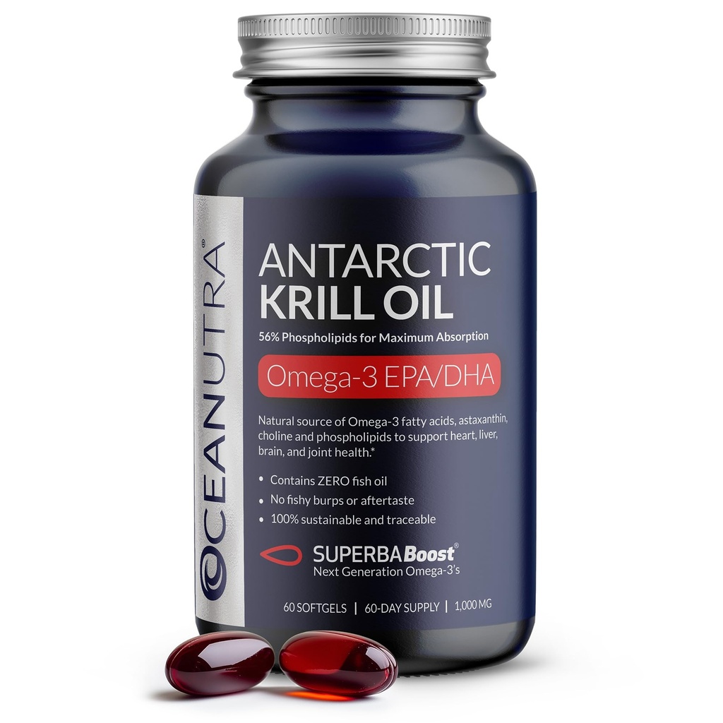 100 % huile de krill biologique pure 1000mg, 60 jours, supplément Omega 3, concentration maximale 56% Phospholipides, prise sauvage, Antarctique durable traçable Omega 3, Astaxanthine, coeur, pas d'huile de poisson
