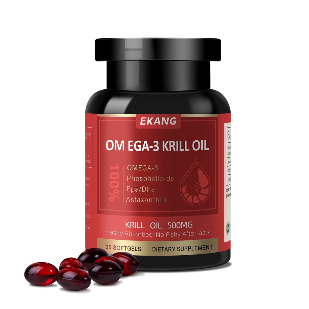 Huile de krill de l'Antarctique 500 mg, Phospholipide-Bound Omega-3, EPA, DHA et Astaxanthin - Facilement absorbé - soutient la santé cérébrale, cardiaque et articulaire - Non-OGM, sans gluten, 30 softgels