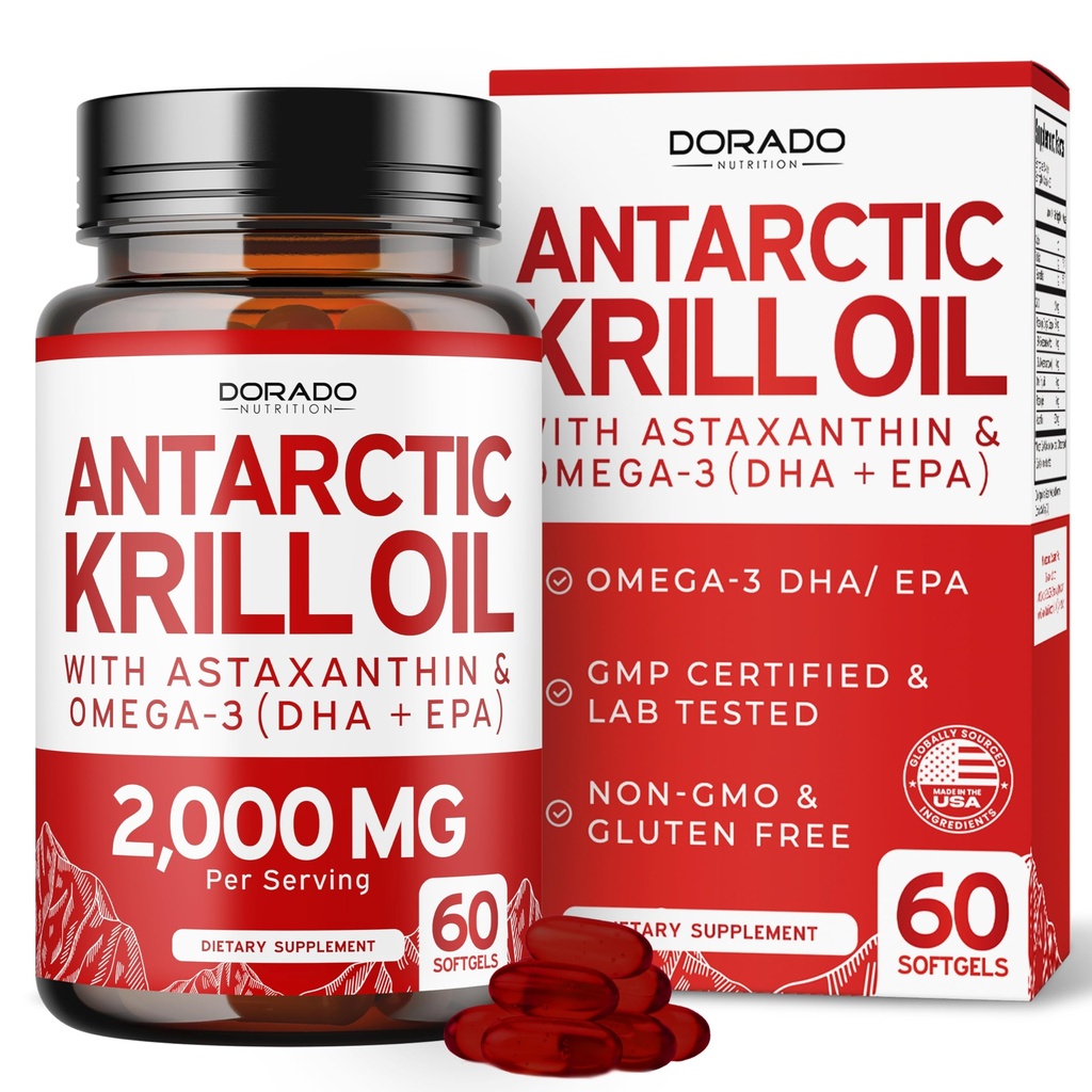 Supplément huile de krill antarctique (2000mg par portion, 60 Softgels) supplément huile de krill Oméga 3 avec EPA, DHA & Astaxanthin - phospholipide Premium pour adultes - tiers testés, non-OGM et USA fabriqués